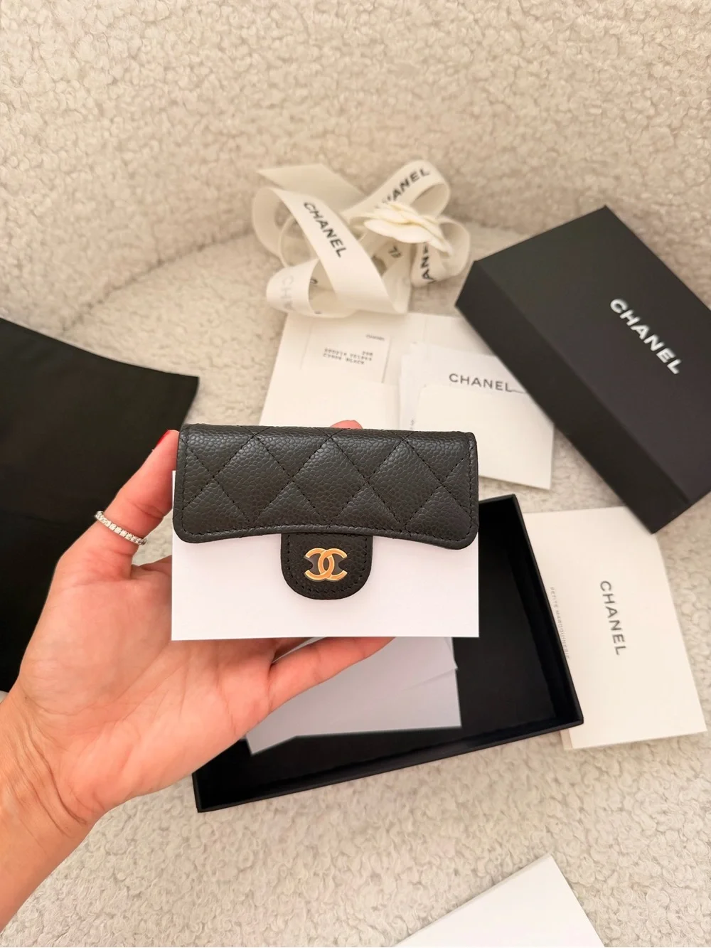 CHANEL Black Quilted Pebbled Leather Card holder Wallet with Gold CC brand new